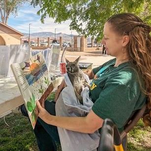 Woman holding a baby kangaroo and picture book